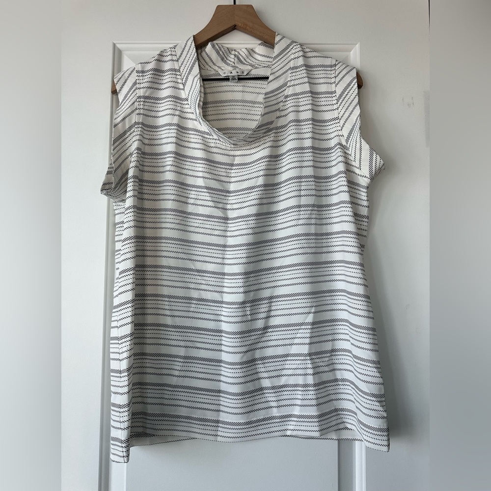 CAbi White Sleeveless Top with Black Micro Stripes